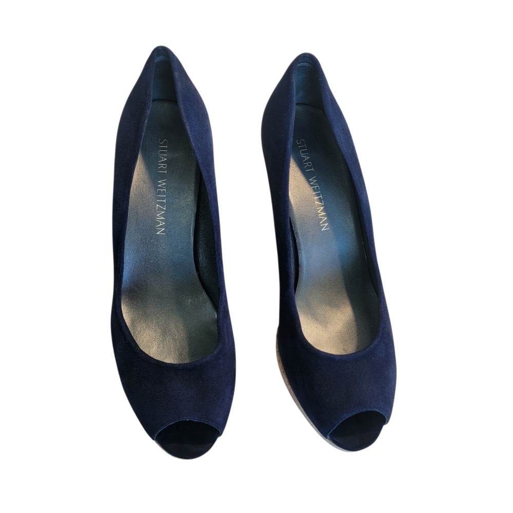 Stuart Weitzman Anna Peep Toe Wedges W sz 9, Navy Blue Suede Cork Platform Pumps - Picture 5 of 8